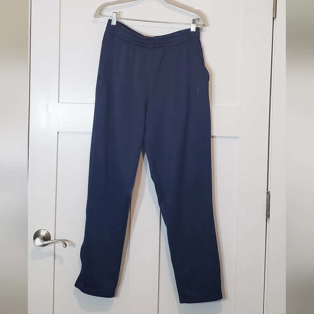 Adidas Size Large Sweat Pants Zippered Outer Legs Black & Blue Print Pockets